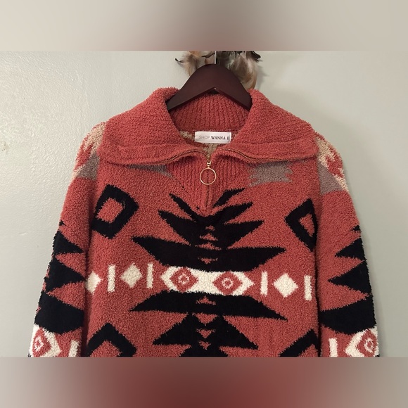 Wanna B Coral Aztec Mock Neck 3/4 Zip Pullover Sweater Women’s Size L Cozy Fall - Picture 6 of 12